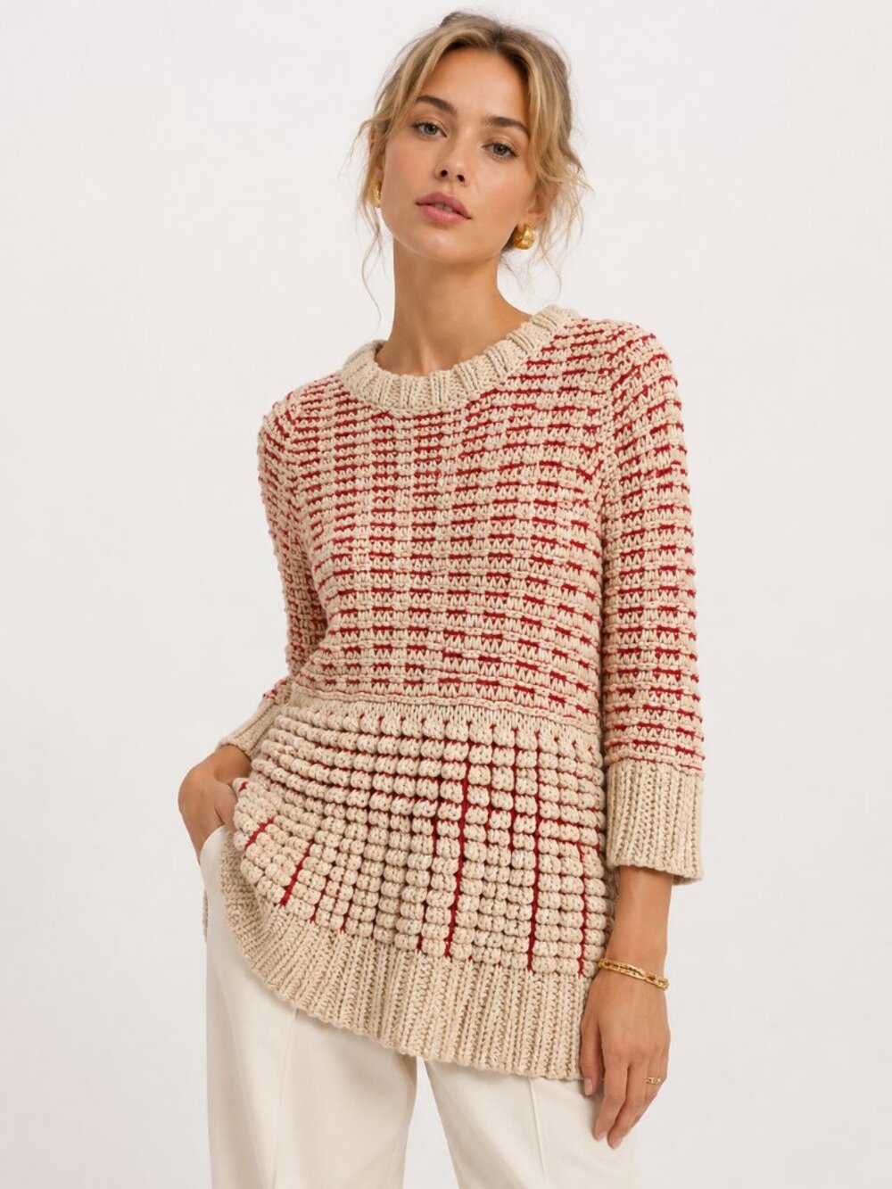 Anthropologie Fiets Voor 2 Chunky Knit Sweater Medium Ivory Red Peplum Rare
